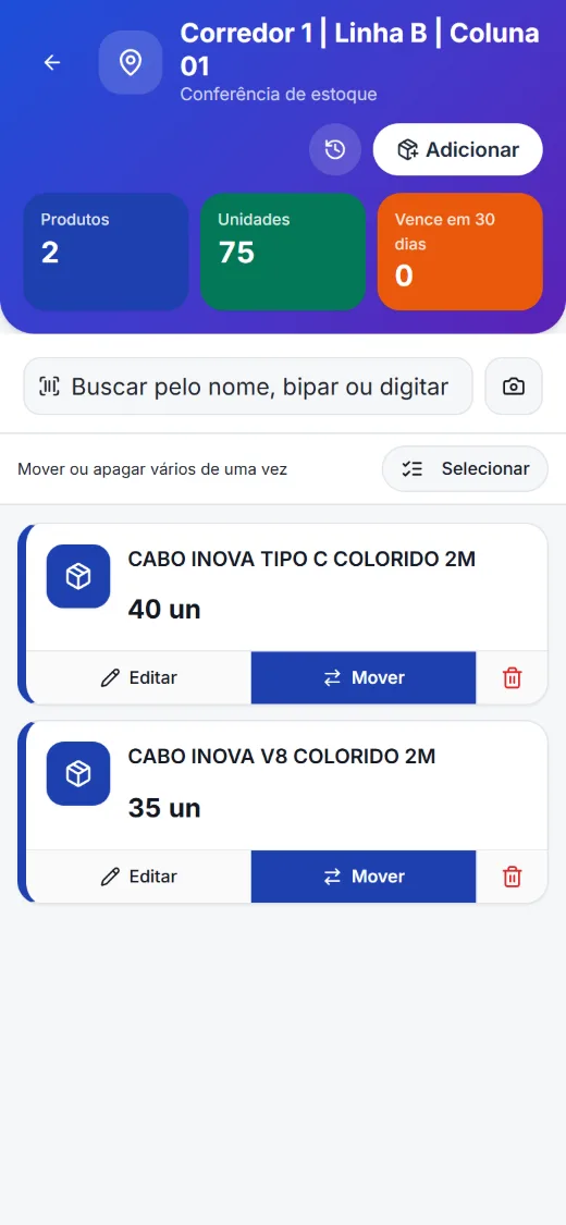 Conferência no celular do endereço Corredor 1, Linha B, Coluna 01: 2 produtos, 75 unidades, nenhum vencendo em 30 dias
