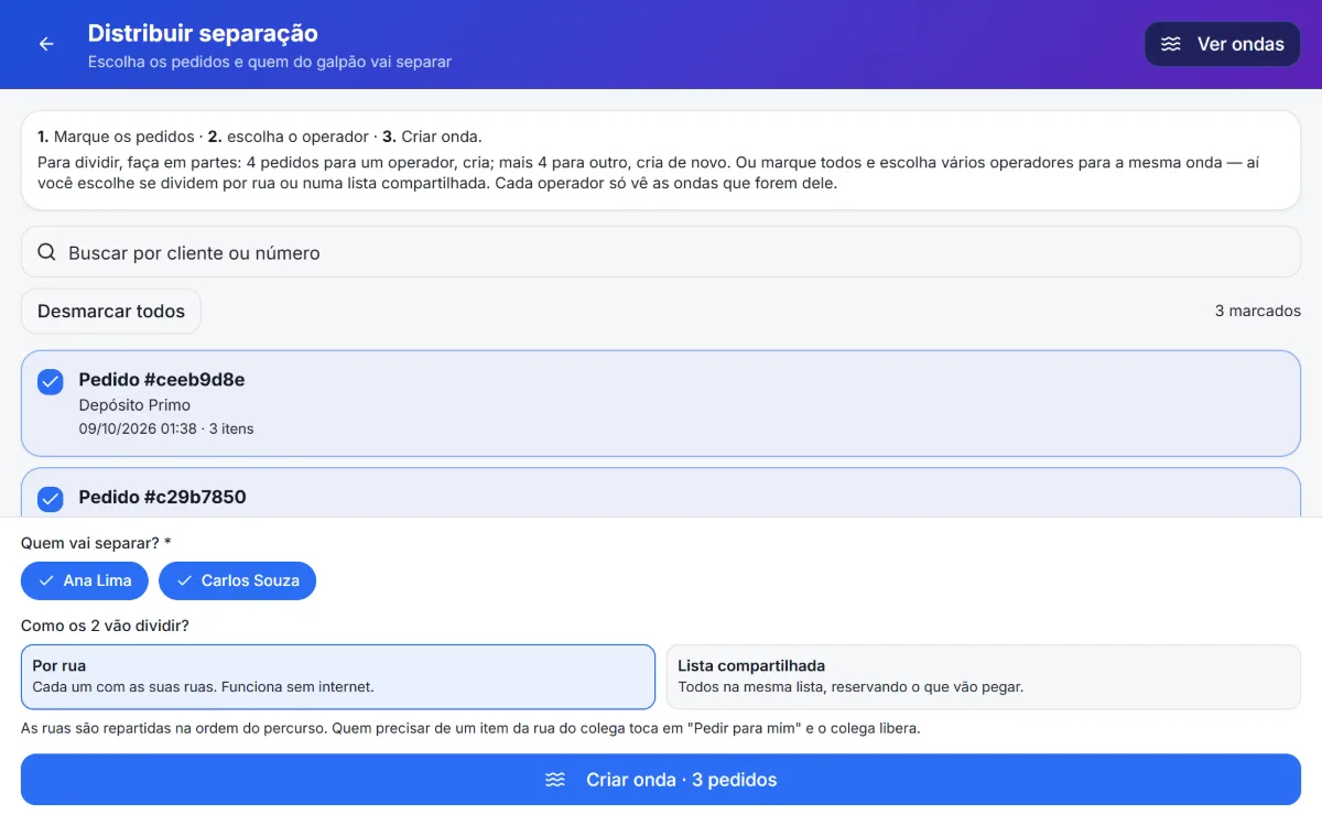Tela de distribuir separação no computador: três pedidos marcados, Ana e Carlos escolhidos e divisão por rua