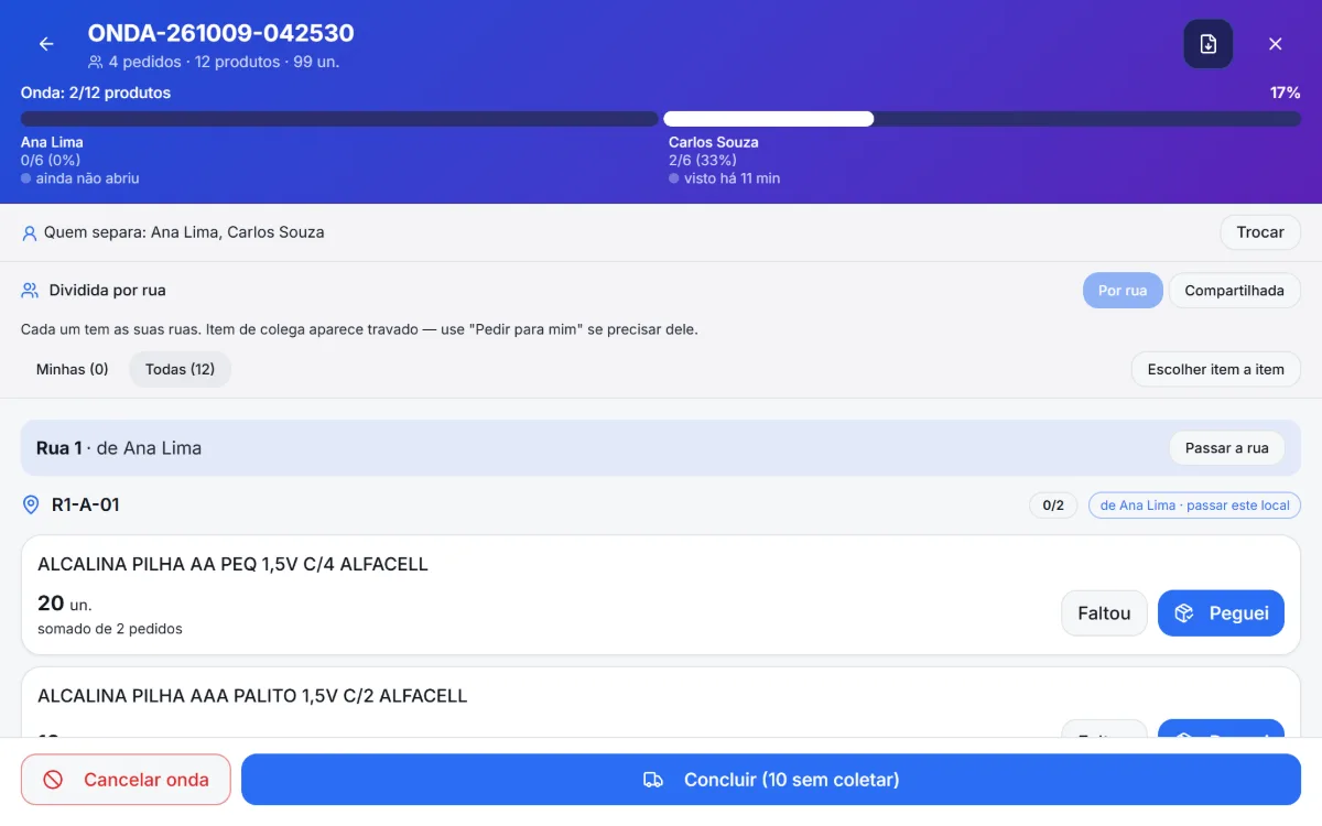 Acompanhamento da onda no computador: Ana Lima 0 de 6, Carlos Souza 2 de 6, itens por endereço